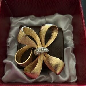 Brown Leather Cuff Bracelet with Gold-tone Metal and Rhinestone Bow